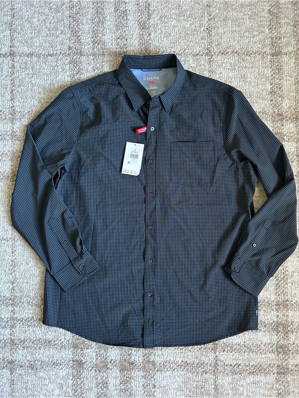 NWT Chaps Men's Performance Button-Down Long Sleeve Shirt Gray Micro-Check XL